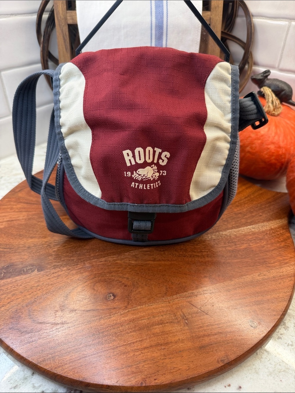 Roots Burgundy and Cream Canvas Messenger Bag